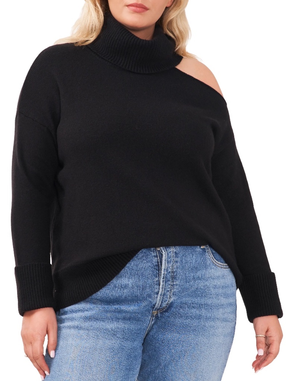 1.STATE Cuffed Sleeve CUT OUT SHOULDER Rich Black Cotton Blend TURTLENECK::NWT::
